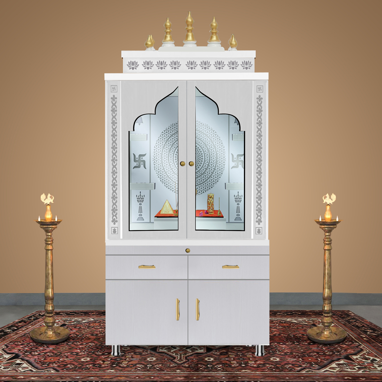 Wooden Door Temple | Mandir With White LED Light | Puja Temple For Home & Office Decor