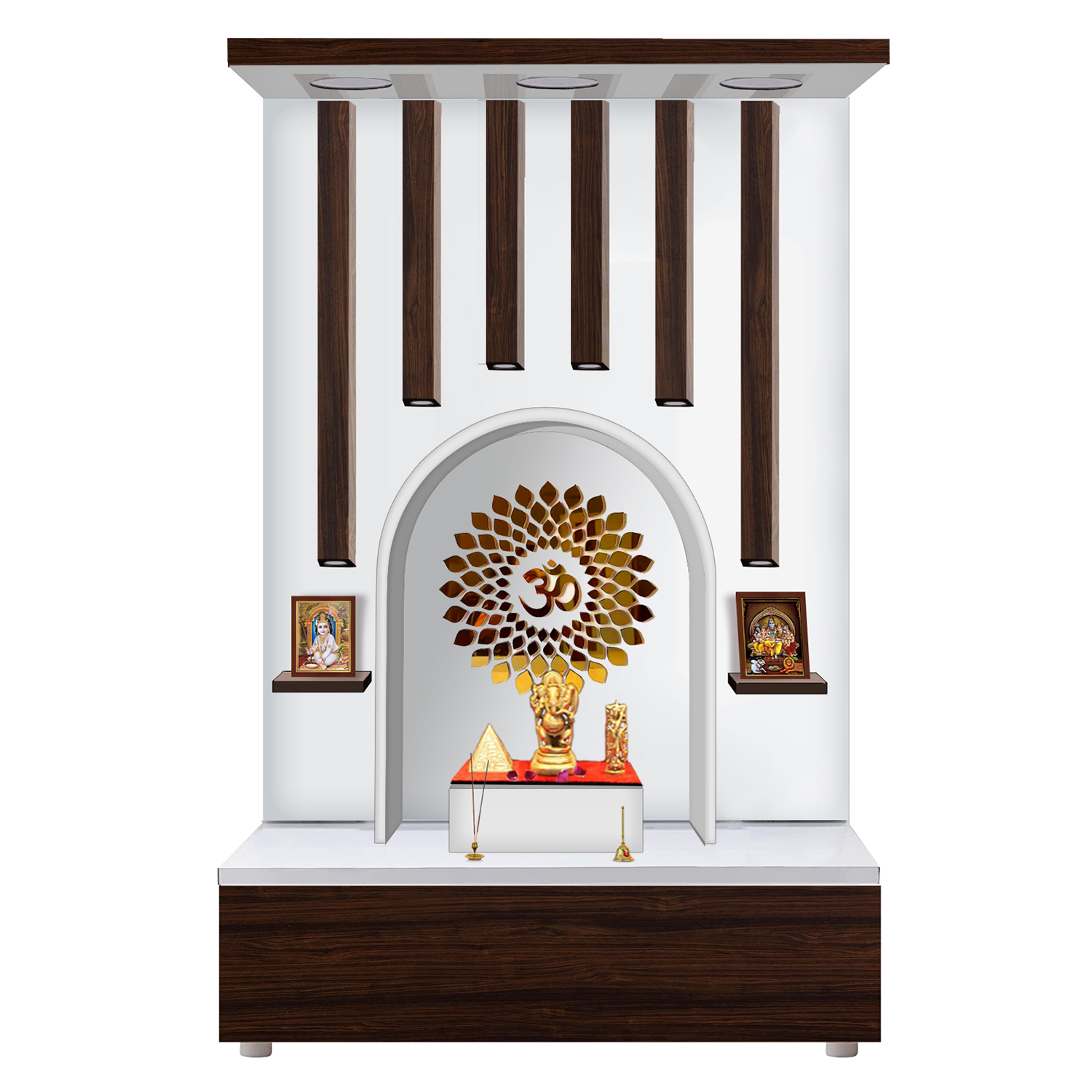 Wooden 3D Om Temple Table Top White Mandir With LED Light Puja Mandir For Home & Office Decor