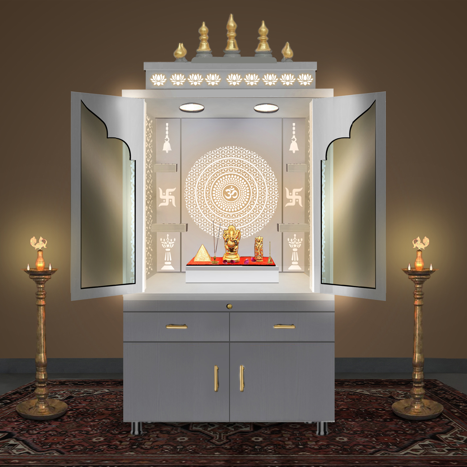 Wooden Door Temple | Mandir With White LED Light | Puja Temple For Home & Office Decor - Image 2