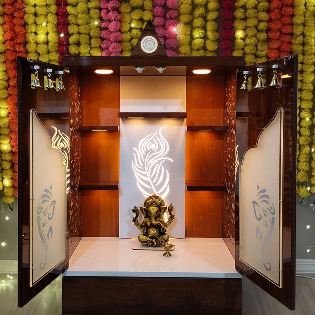 Wooden Door Temple Table Top Mandir With White LED Light |  Puja Temple For Home & Office Décor