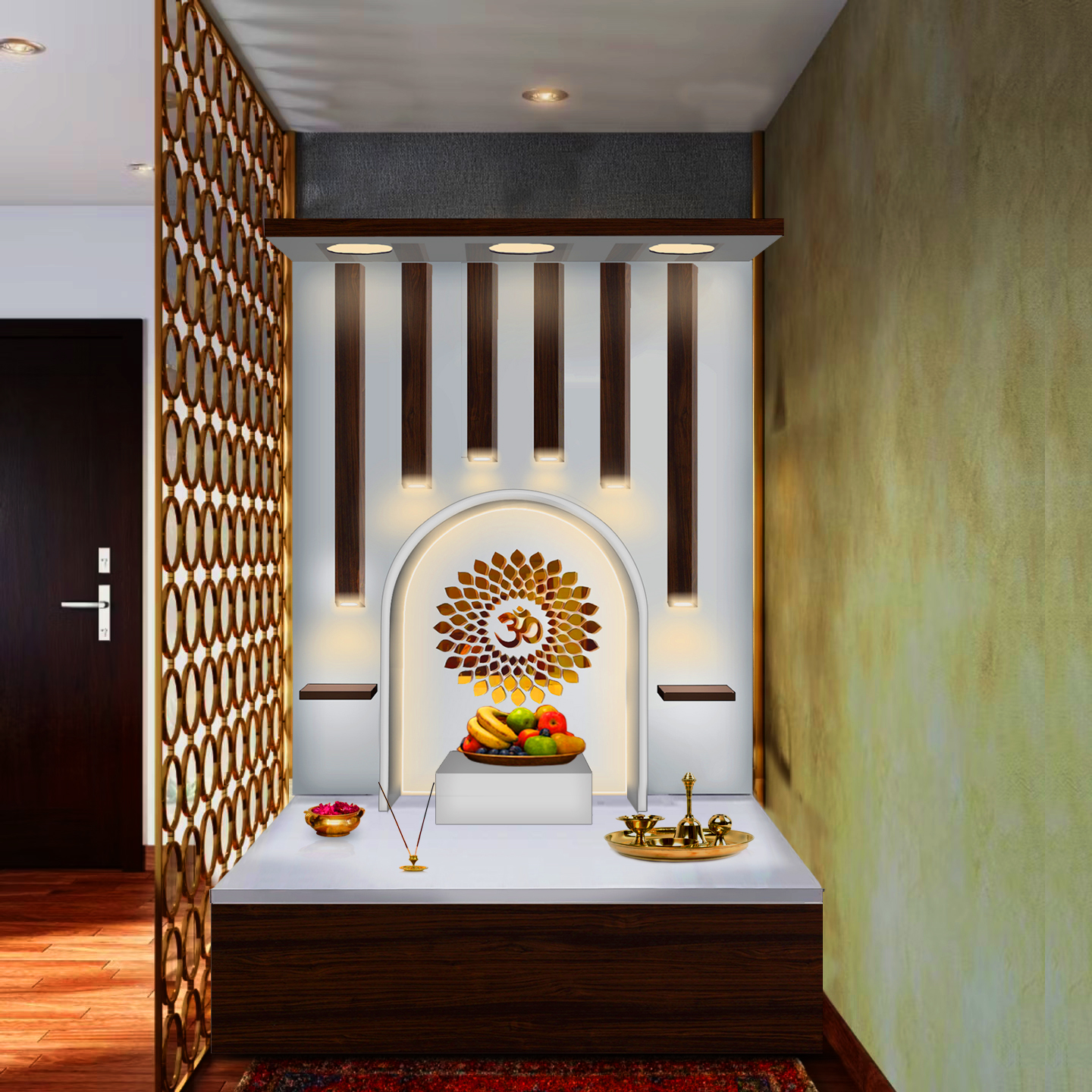 Wooden 3D Om Temple Table Top White Mandir With LED Light Puja Mandir For Home & Office Decor - Image 2