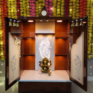 Wooden Door Temple Table Top Mandir With White LED Light | Puja Temple For Home & Office Décor