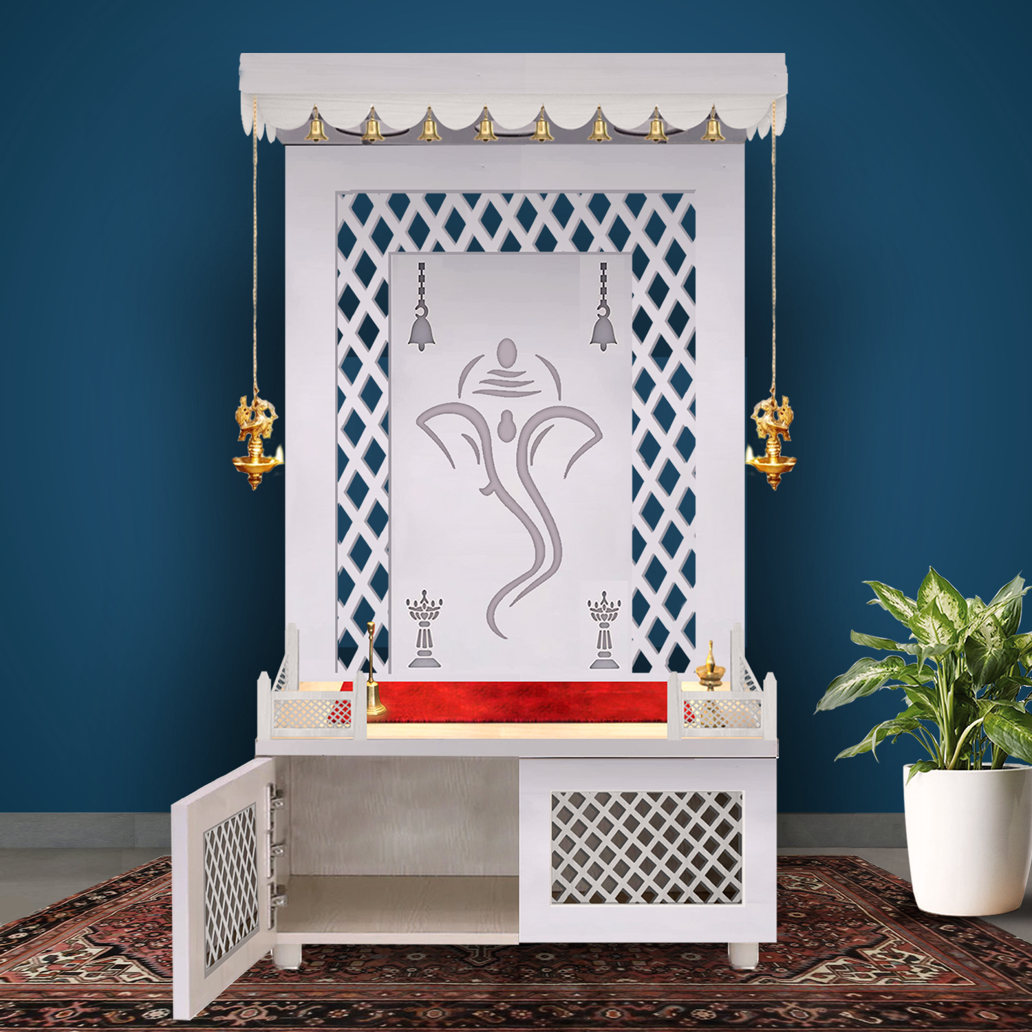 Wooden White Temple | White Mandir With LED Light Puja Mandir For Home & Office Decor - Image 2