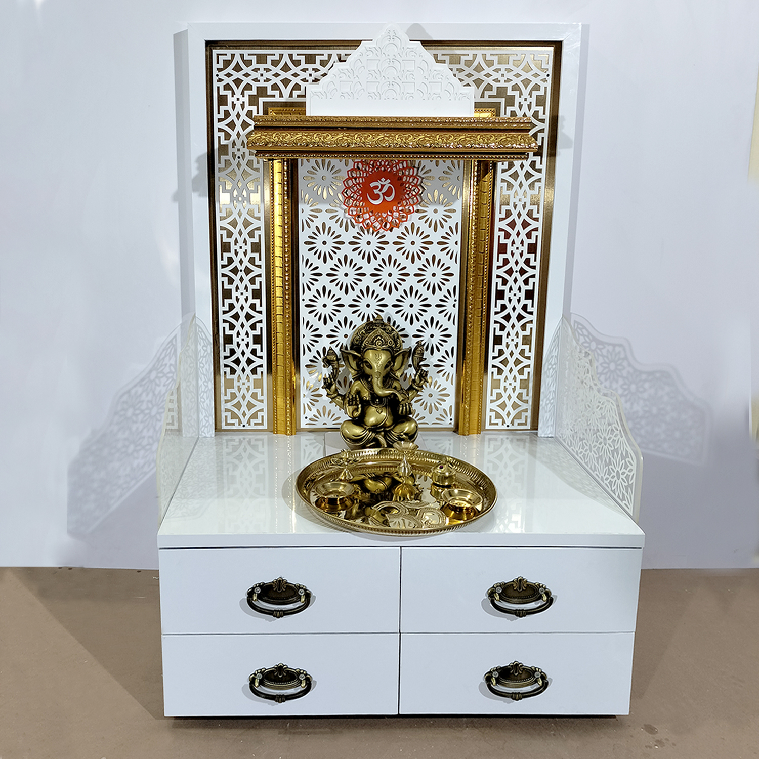 Wooden White Double Drawer Temple | White Mandir With LED Light Puja Mandir For Home & Office Decor - Image 3