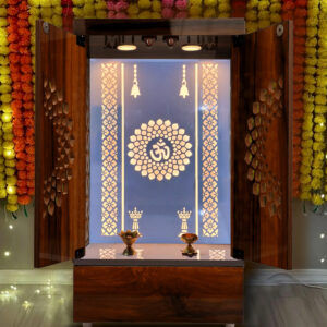 Wooden Door Temple Table Top Mandir With White LED Light | Puja Temple For Home & Office Décor