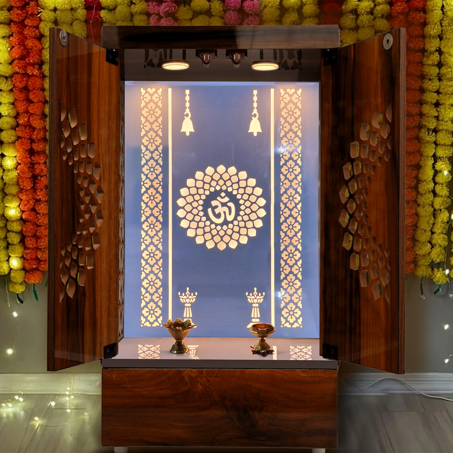Wooden Door Temple Table Top Mandir With White LED Light | Puja Temple For Home & Office Décor