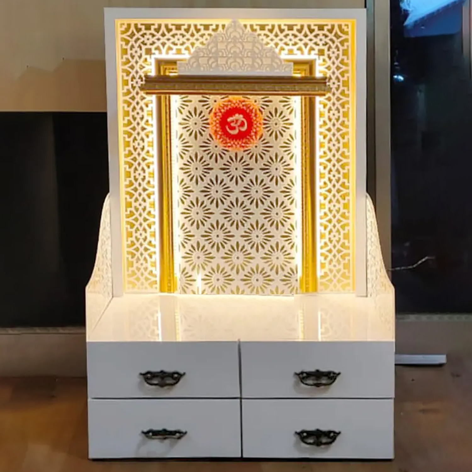 Wooden White Double Drawer Temple | White Mandir With LED Light Puja Mandir For Home & Office Decor - Image 2