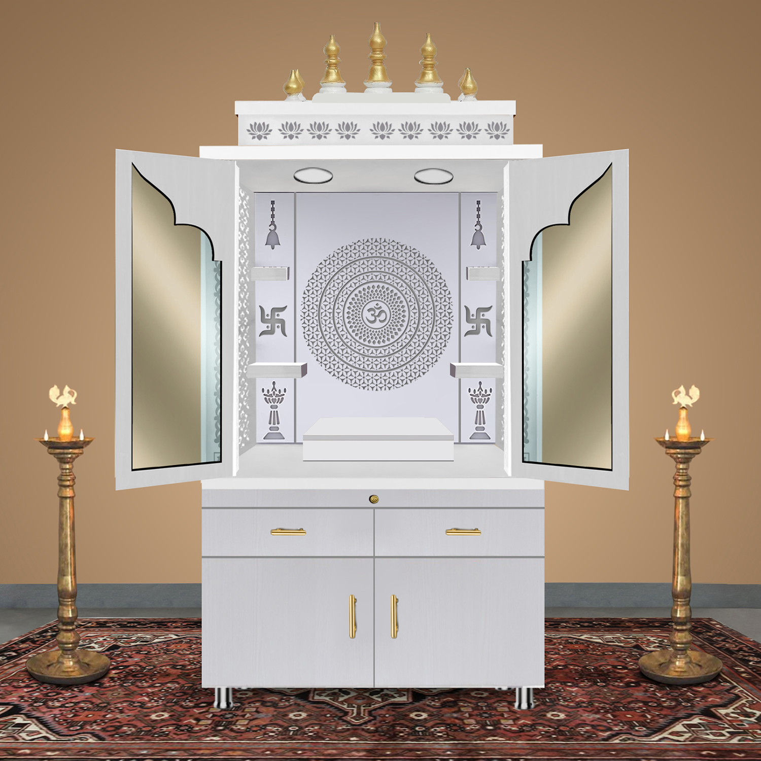 Wooden Door Temple | Mandir With White LED Light | Puja Temple For Home & Office Decor - Image 3