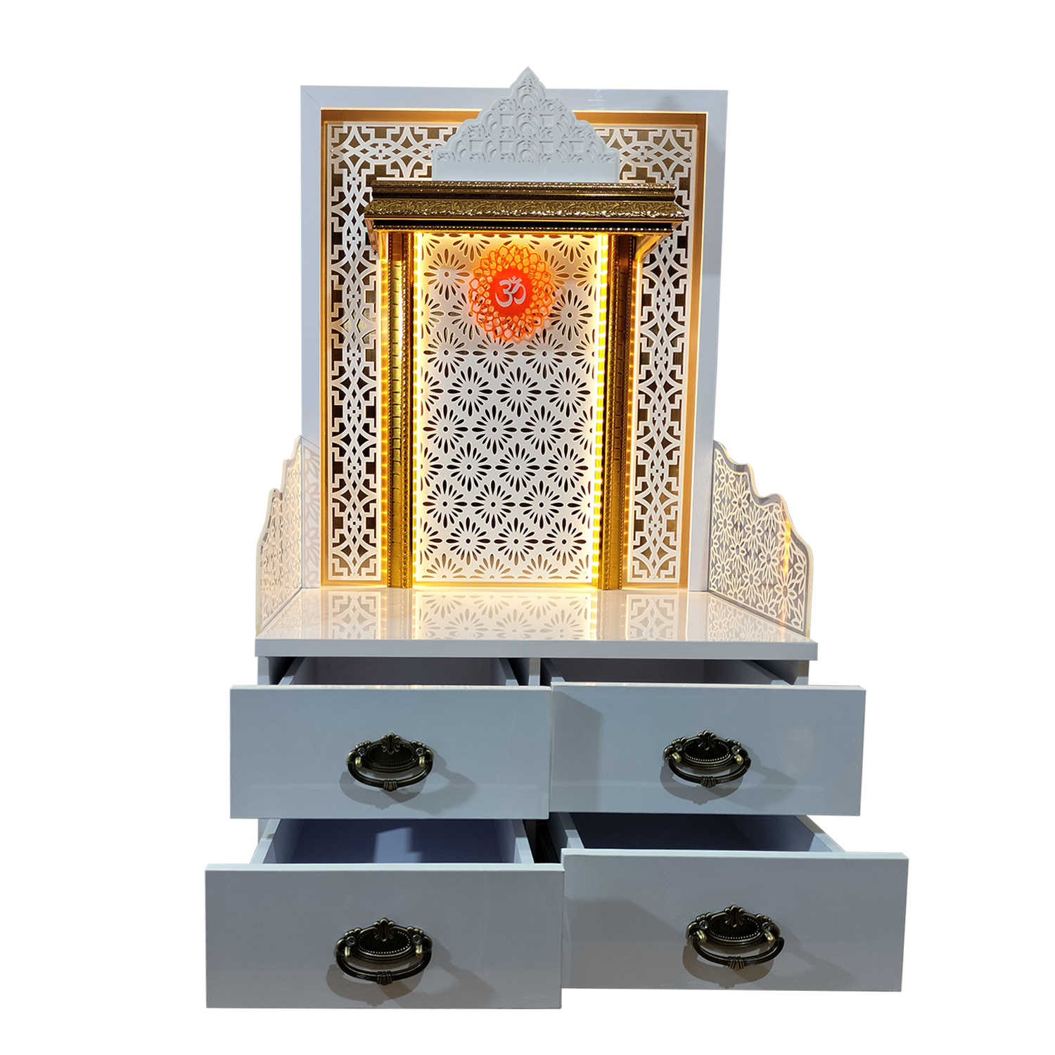 Wooden White Double Drawer Temple | White Mandir With LED Light Puja Mandir For Home & Office Decor - Image 4