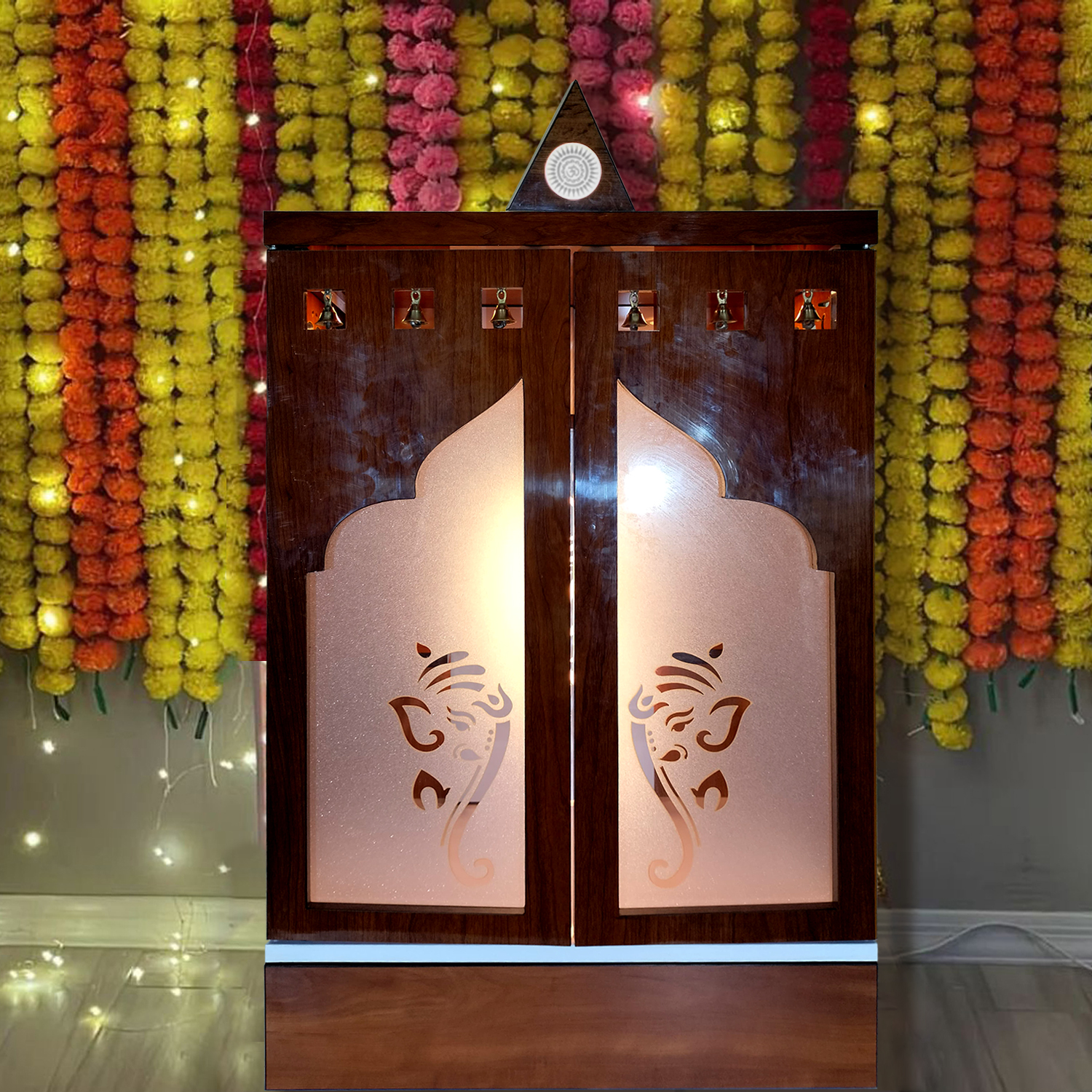 Wooden Door Temple Table Top Mandir With White LED Light | Puja Temple For Home & Office Décor - Image 2