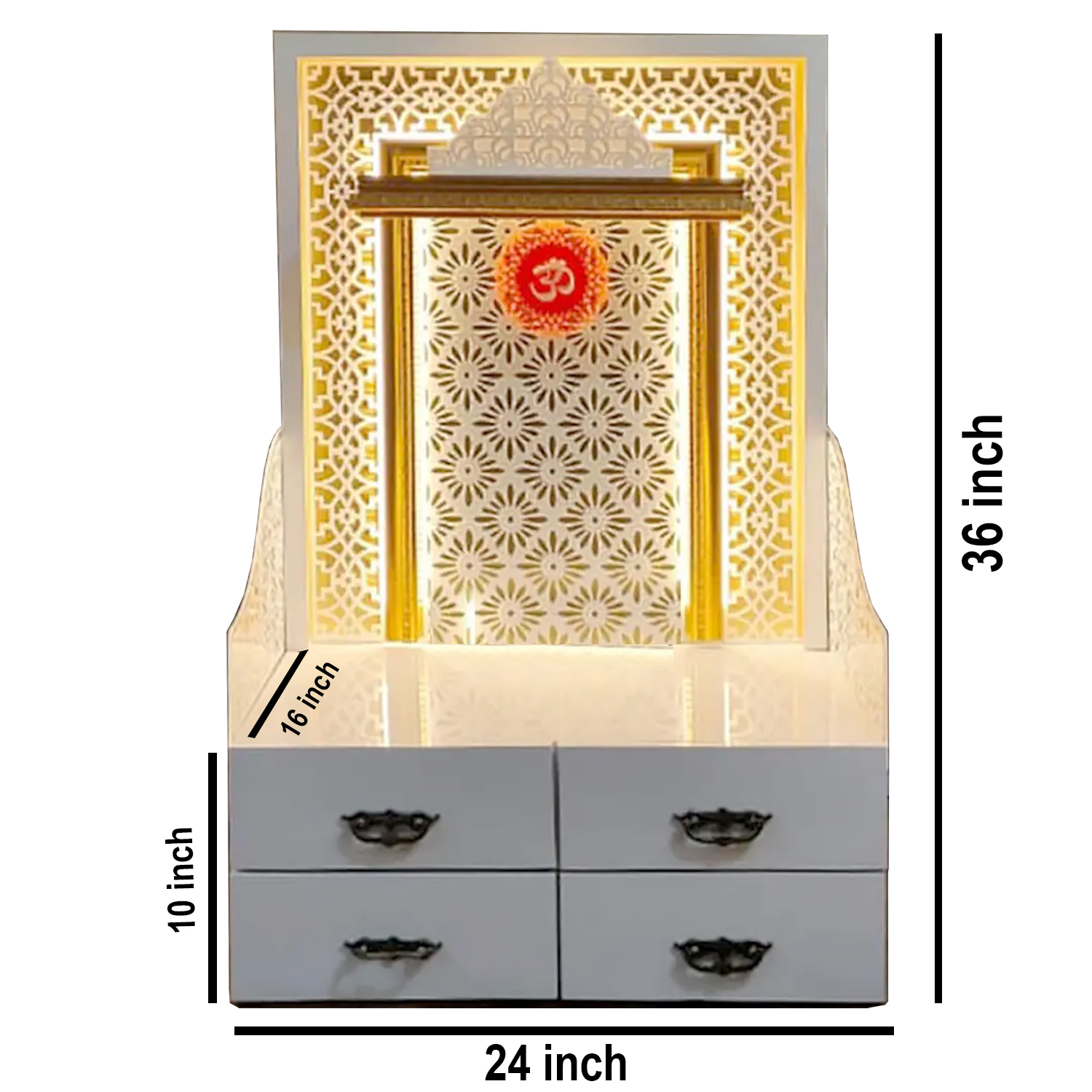 Wooden White Double Drawer Temple | White Mandir With LED Light Puja Mandir For Home & Office Decor - Image 5