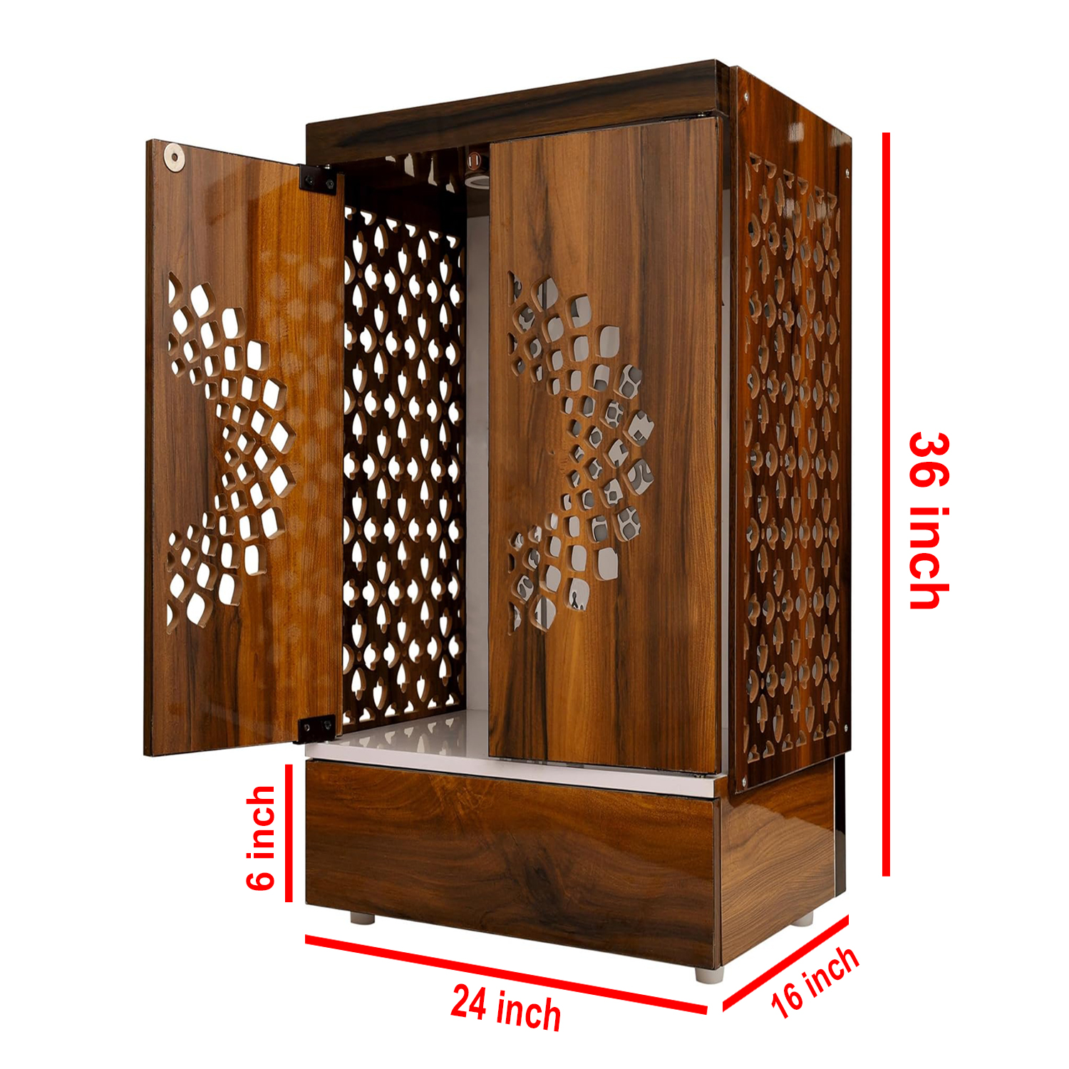 Wooden Door Temple Table Top Mandir With White LED Light | Puja Temple For Home & Office Décor - Image 4