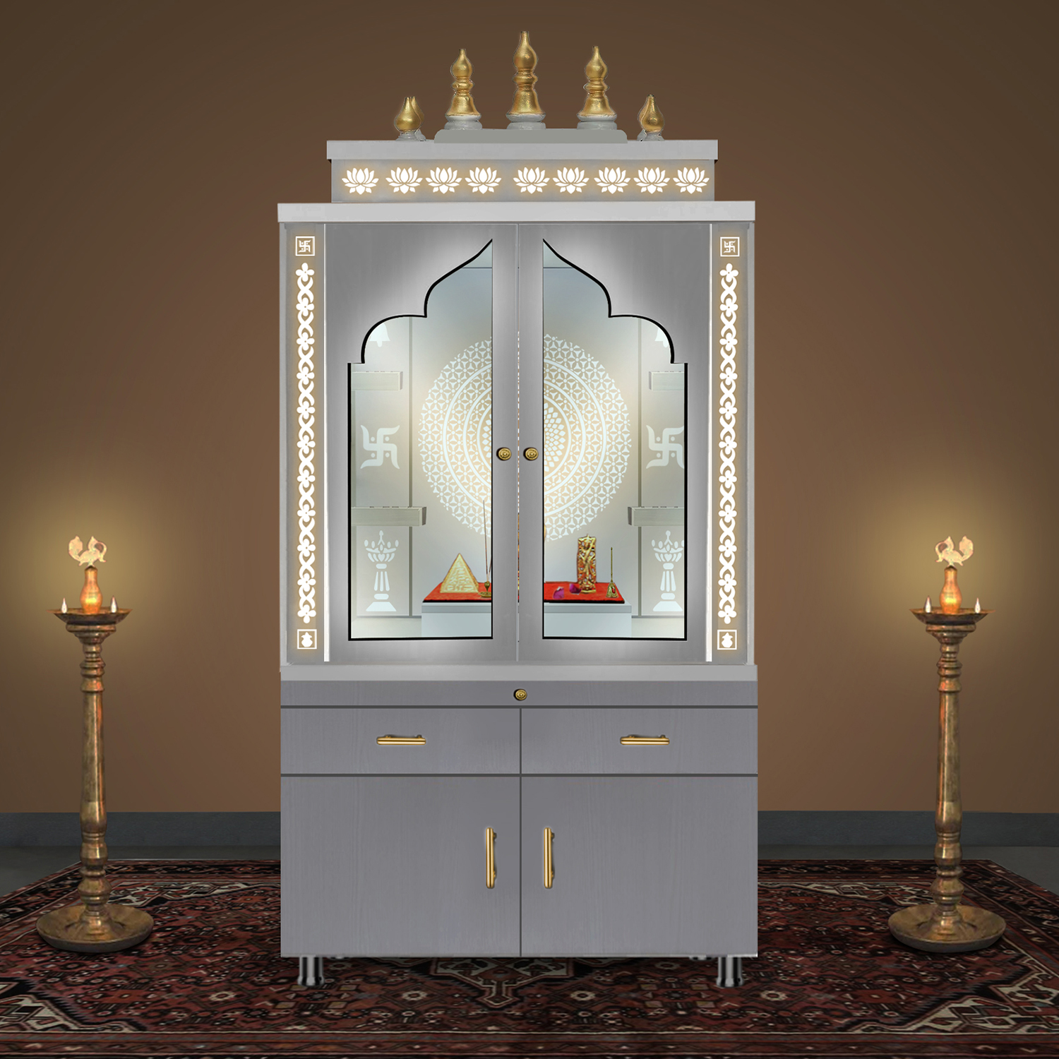 Wooden Door Temple | Mandir With White LED Light | Puja Temple For Home & Office Decor - Image 4