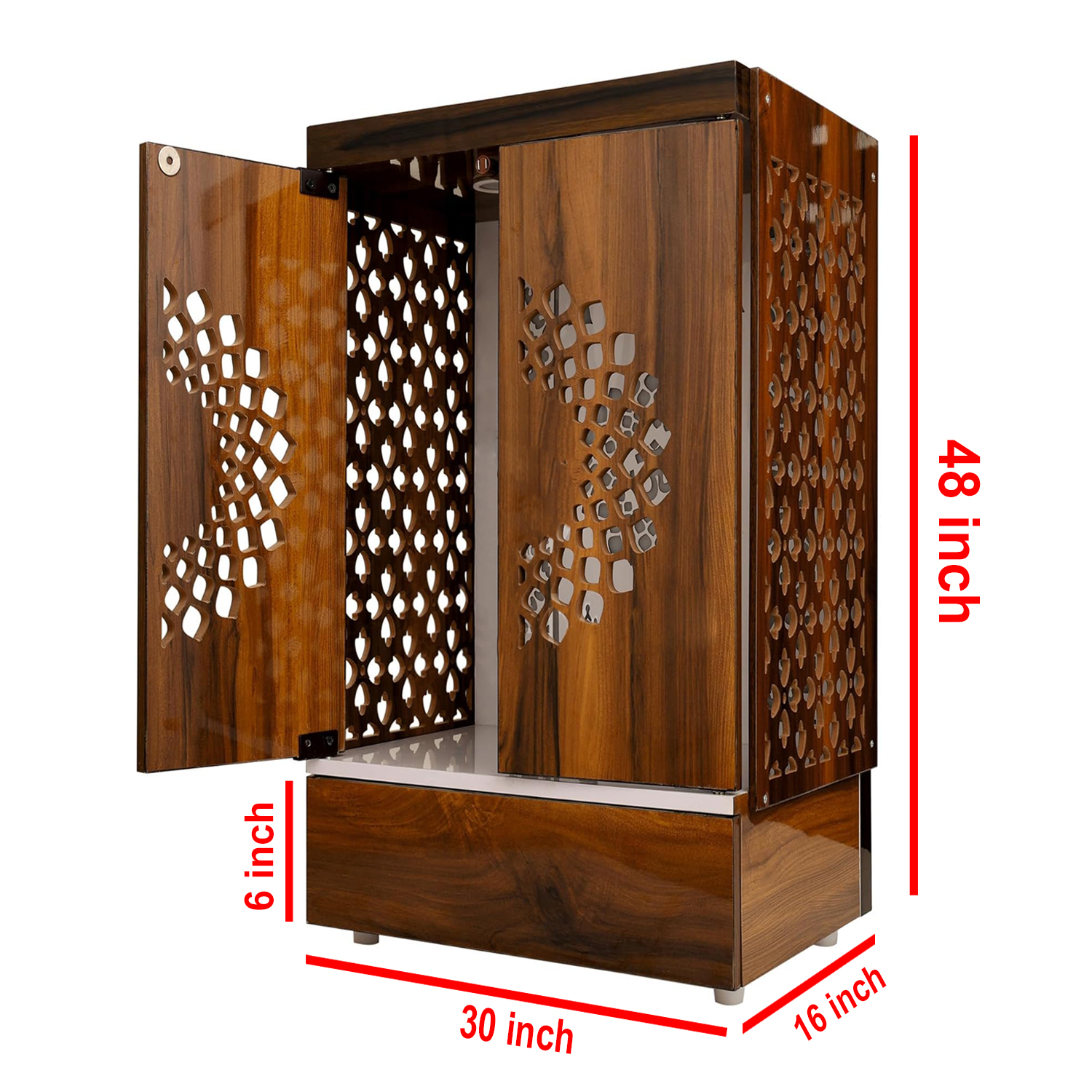 Wooden Door Temple Table Top Mandir With White LED Light | Puja Temple For Home & Office Décor - Image 5