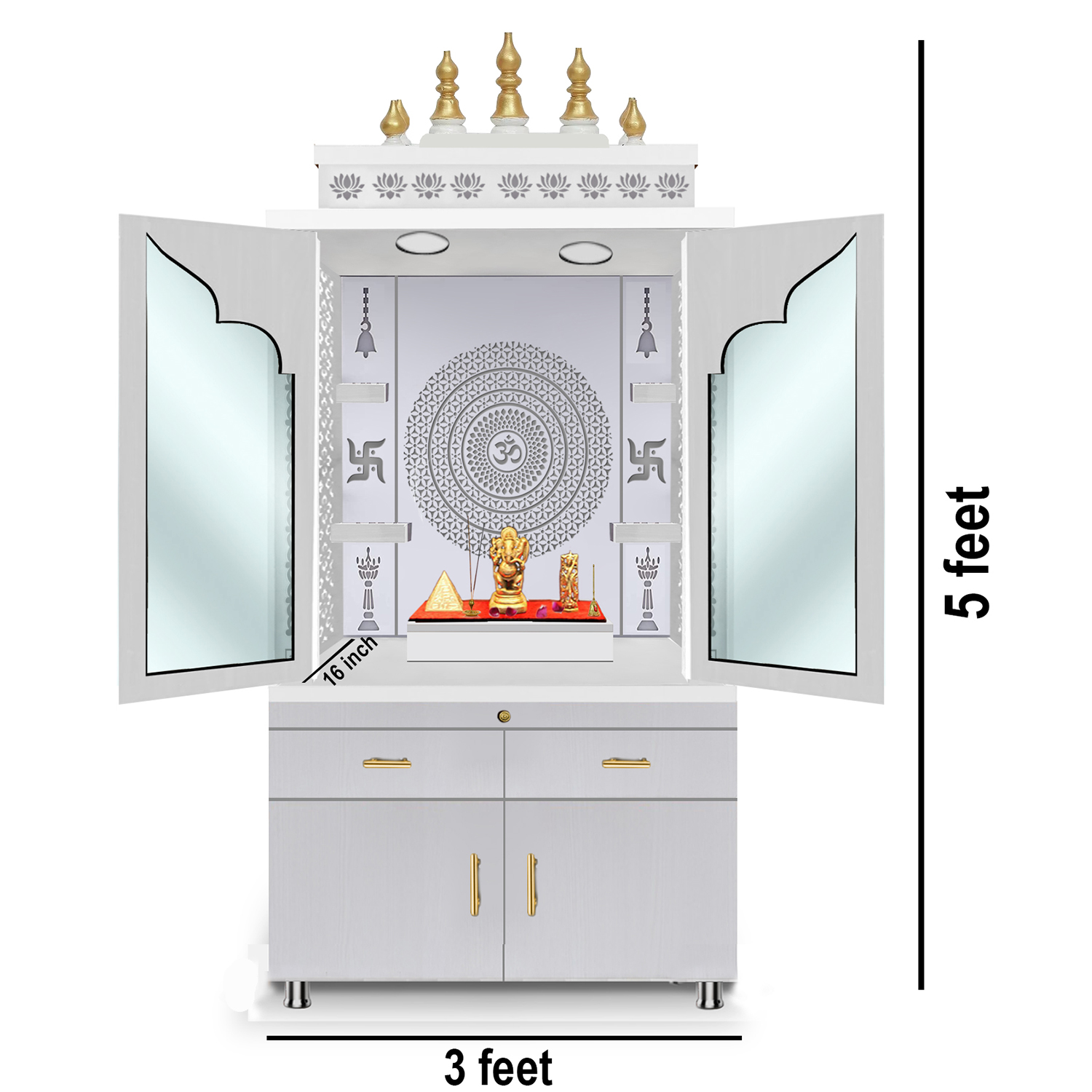 Wooden Door Temple | Mandir With White LED Light | Puja Temple For Home & Office Decor - Image 5