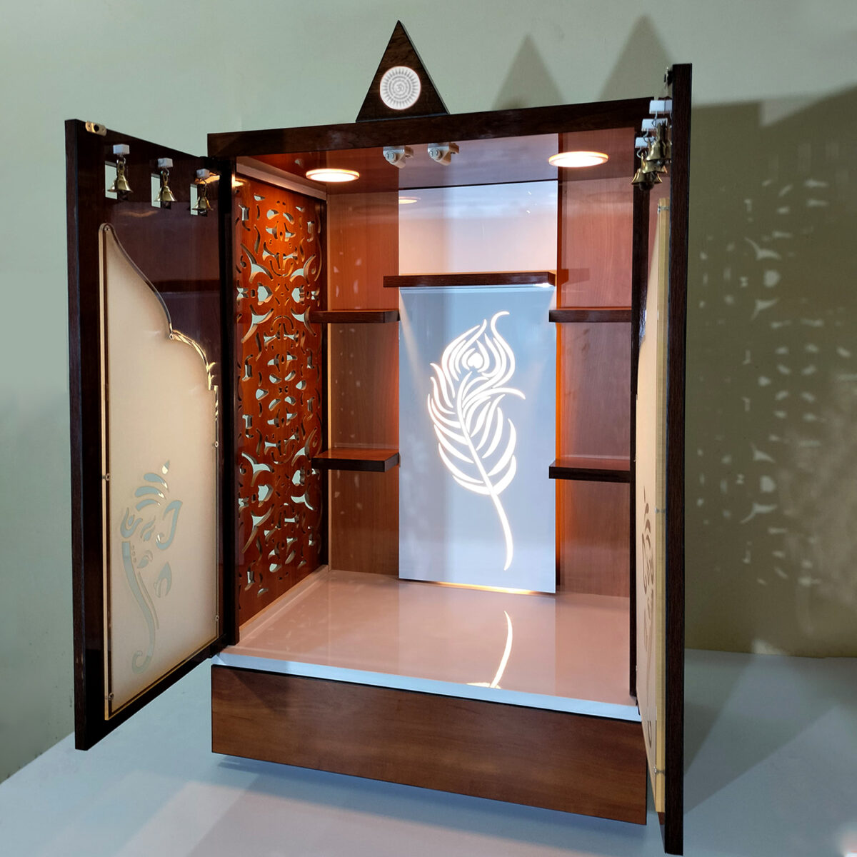 Wooden Door Temple Table Top Mandir With White LED Light |  Puja Temple For Home & Office Décor - Image 5