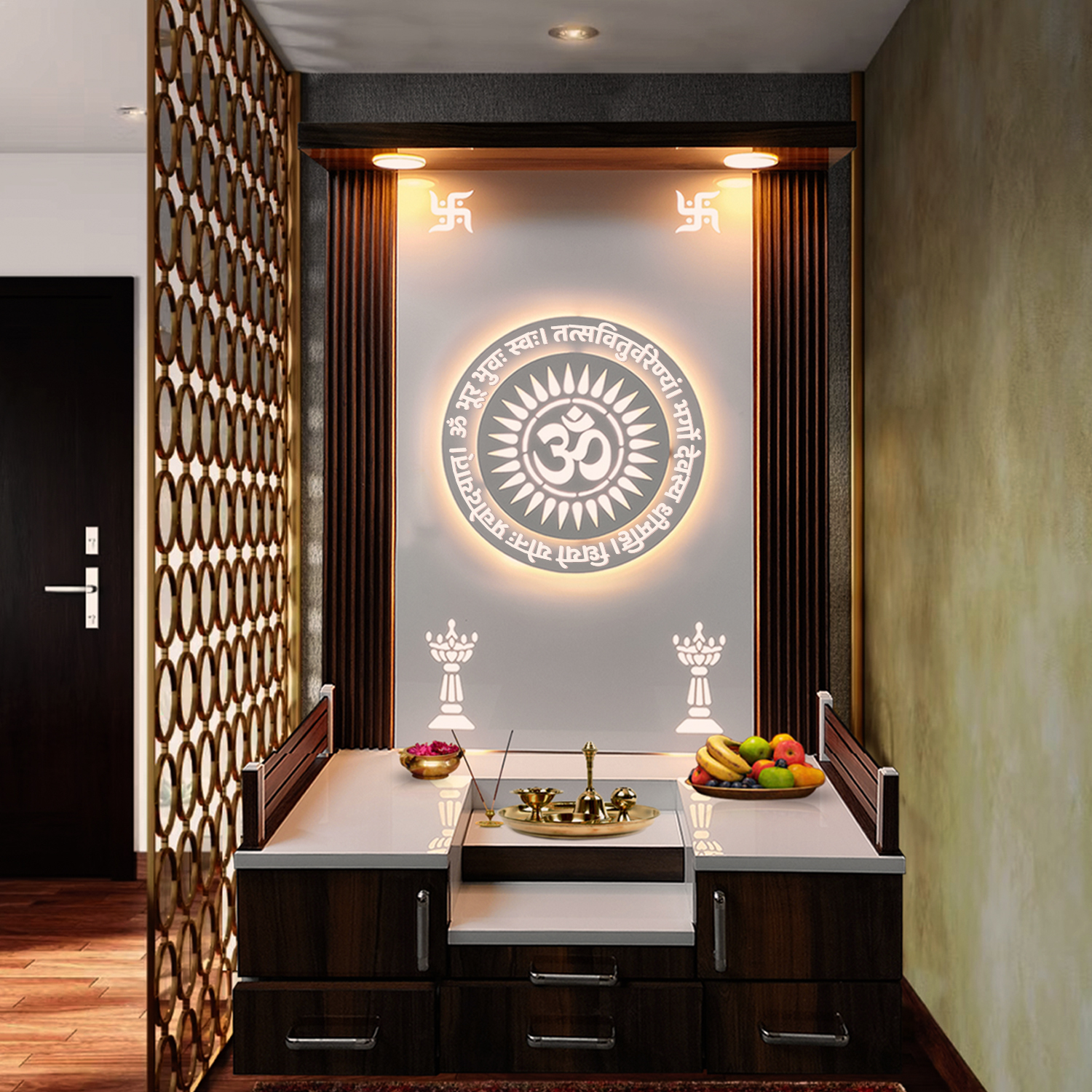 Wooden 3D Frame Temple Table Top White Mandir With LED Light Puja Mandir For Home & Office Decor - Image 3