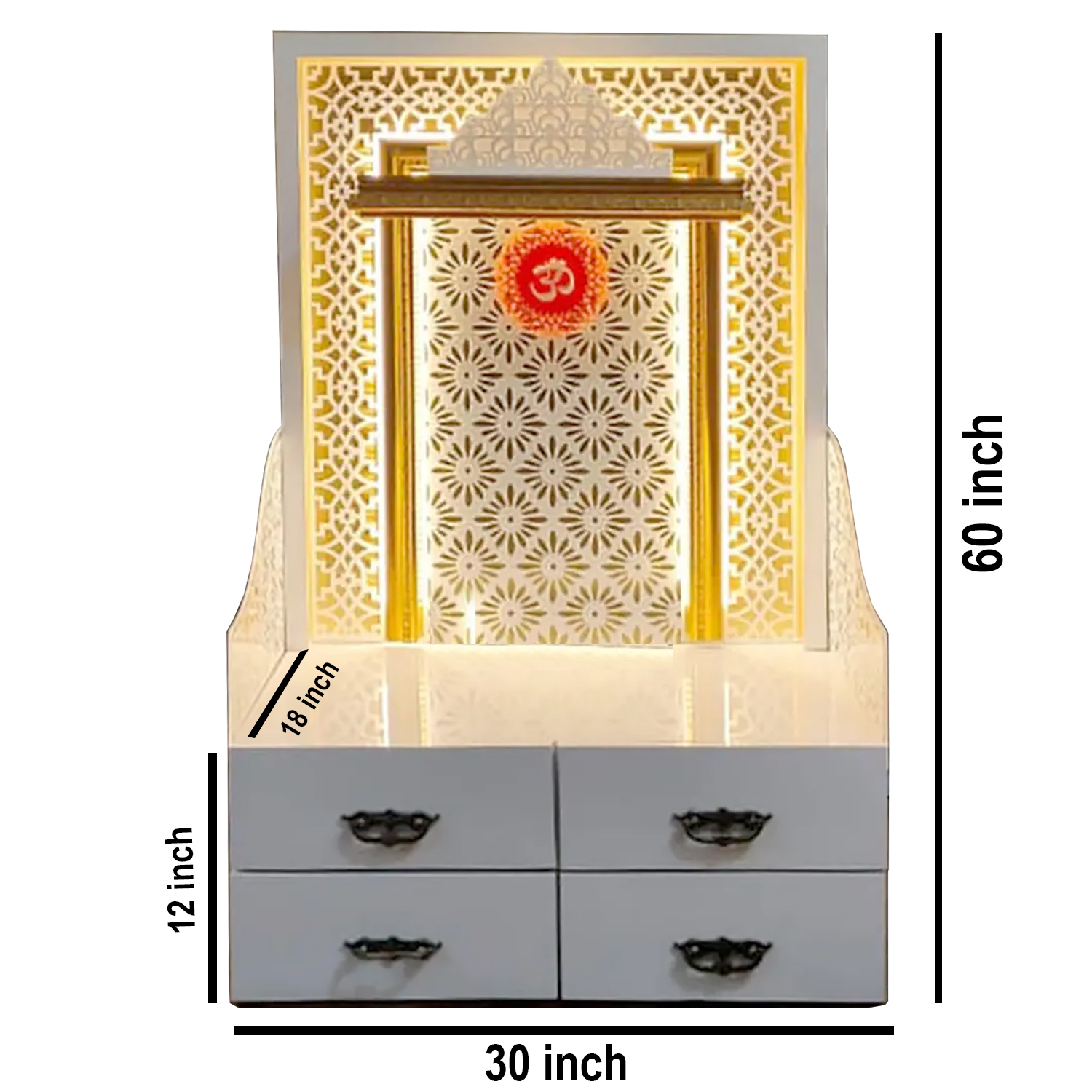 Wooden White Double Drawer Temple | White Mandir With LED Light Puja Mandir For Home & Office Decor - Image 7