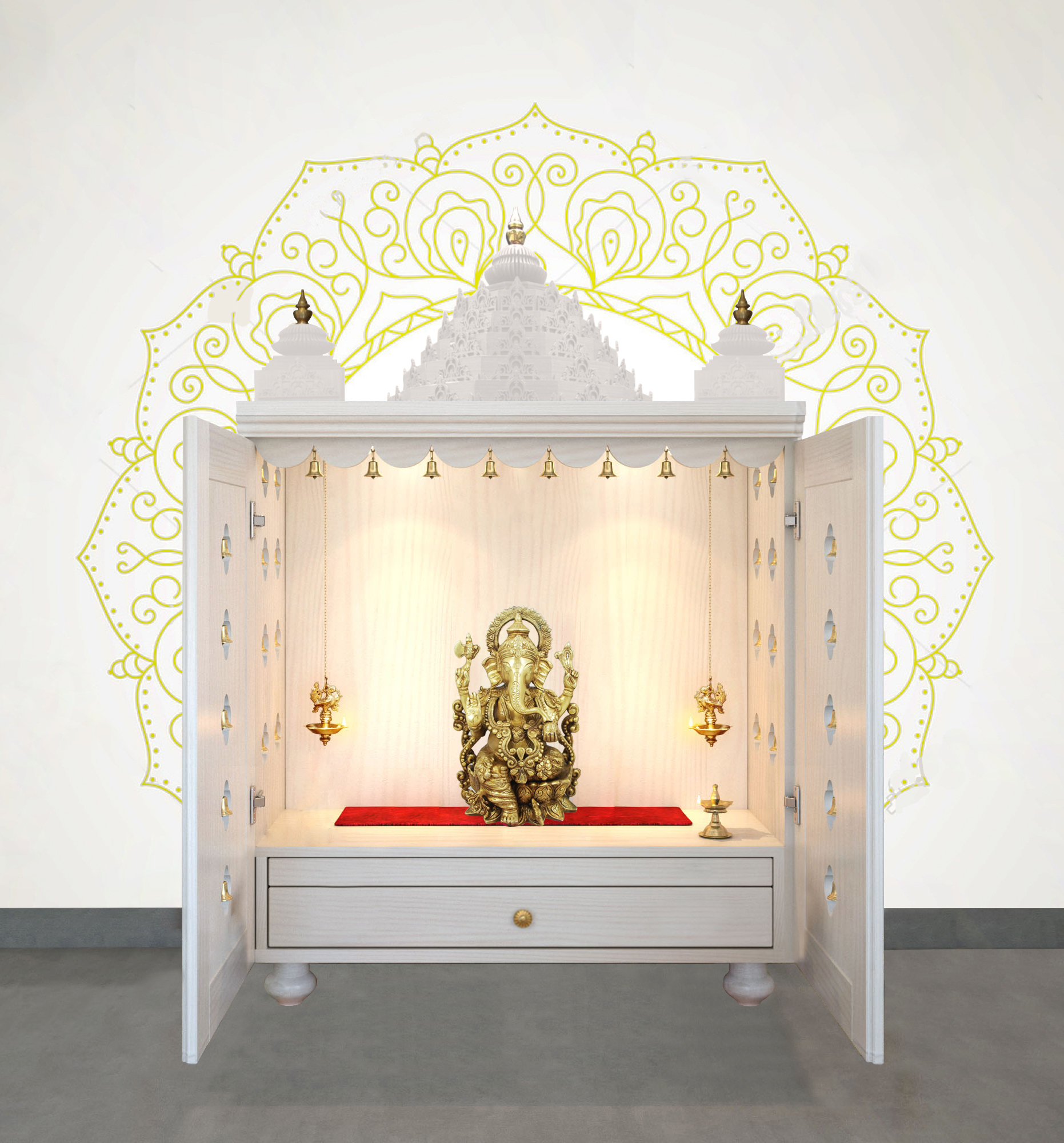 The Temple hub Wooden Temple | White Door Mandir With LED Light Puja Mandir For Home & Office Decor
