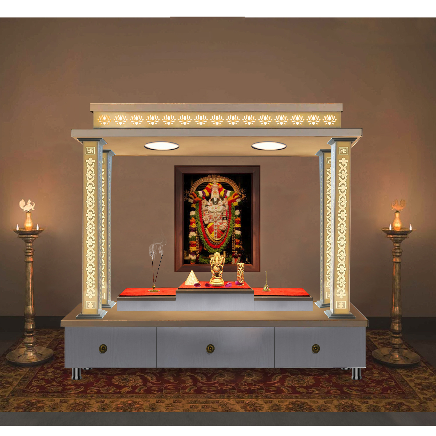 The Temple hub Wooden Temple | White Piller Mandir With LED Light Puja Mandir For Home & Office Decor 36 x 24 x 16 inch