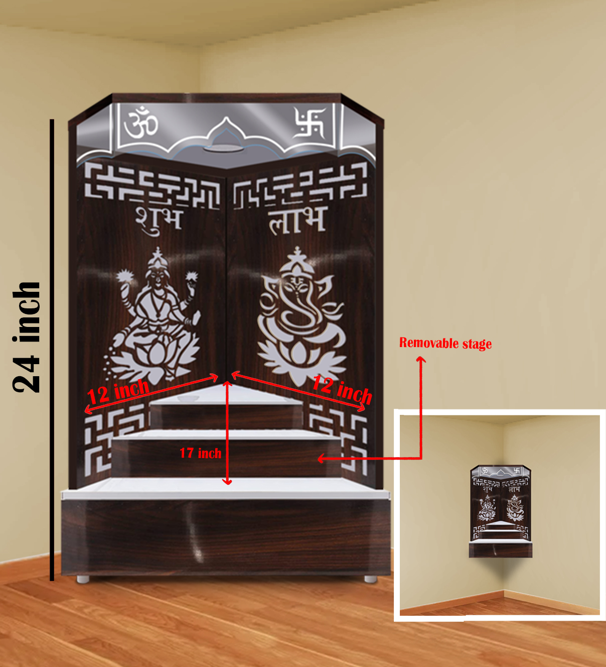 The Temple hub Wooden Temple | Brown Corner Mandir With LED Light Puja Mandir For Home & Office Decor - Image 4
