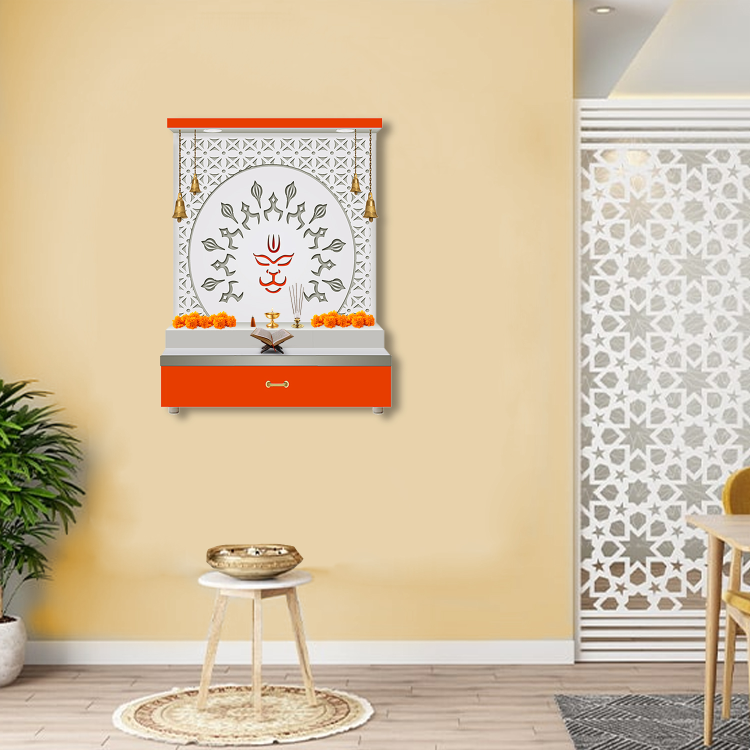 The Temple hub Wooden Temple | Orange Mandir With LED Light Puja Mandir For Home & Office Decor - Image 2