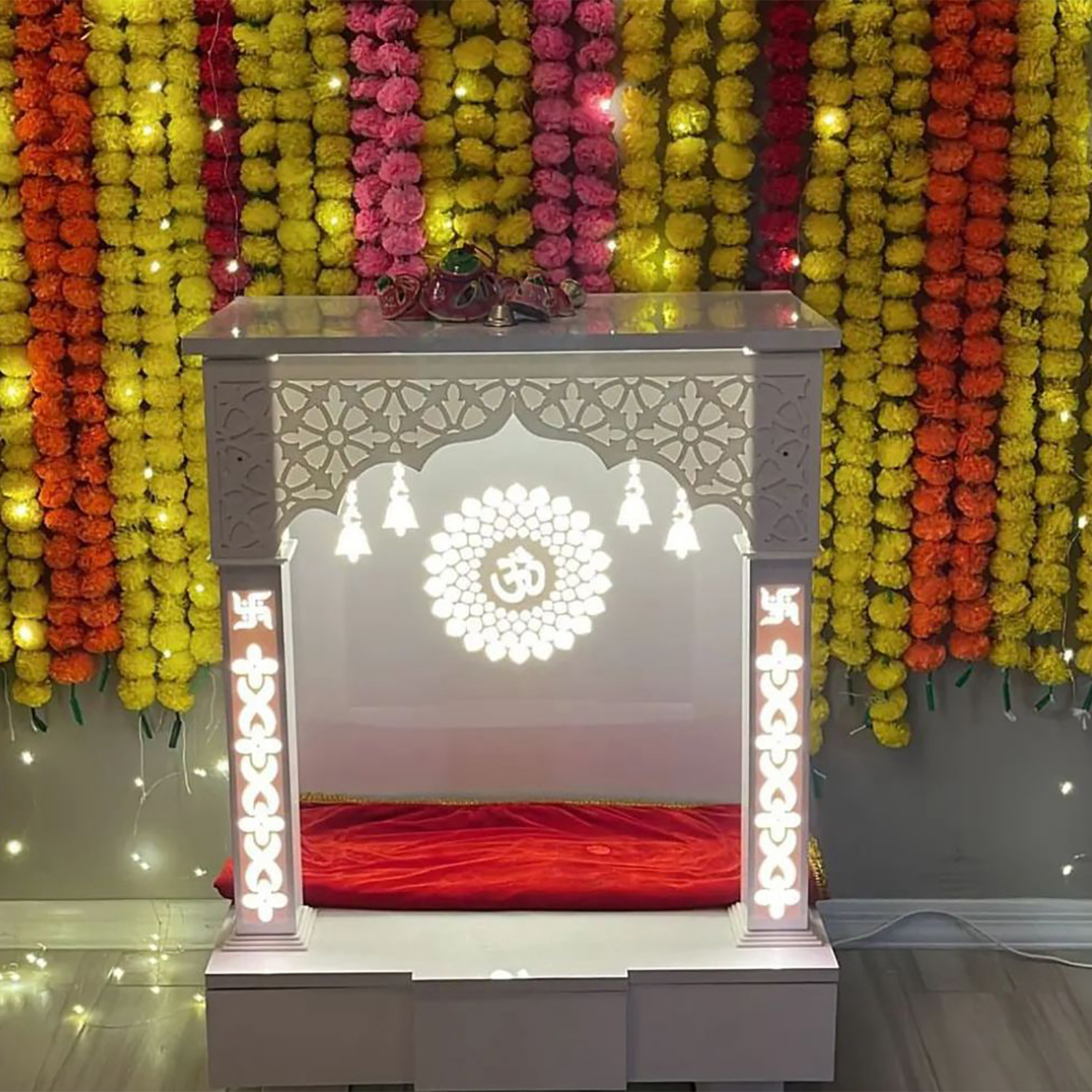 The Temple hub Wooden Temple | White Piller Mandir With LED Light Puja Mandir For Home & Office Decor - Image 4