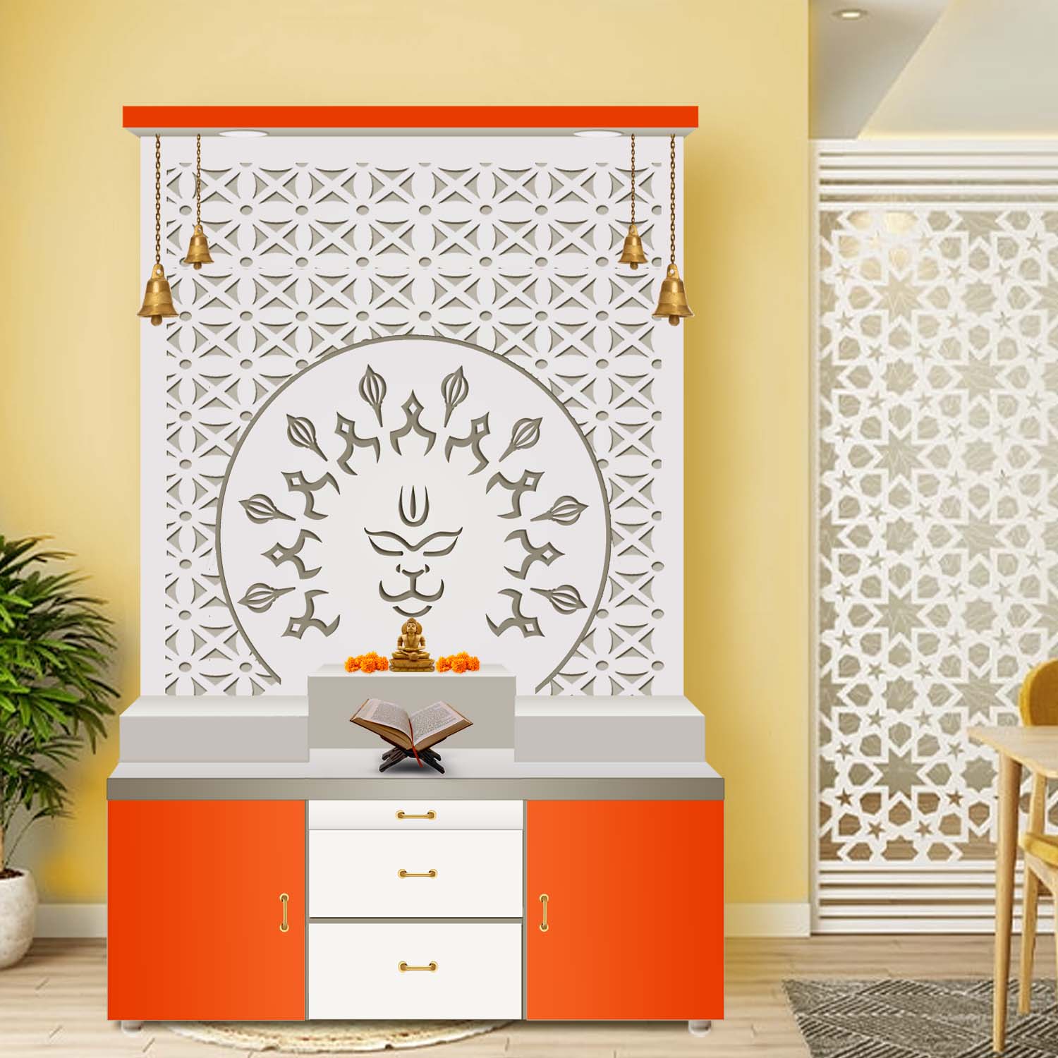 The Temple hub Wooden Temple | Orange Mandir With LED Light Puja Mandir For Home & Office Decor - Image 7