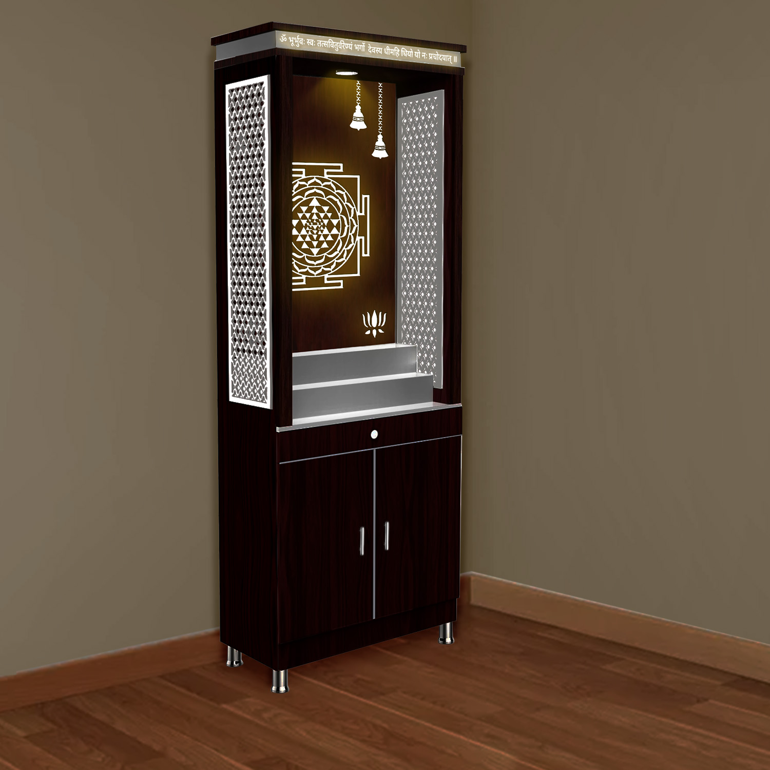 The Temple hub Wooden Temple | Brown Mandir With LED Light Puja Mandir For Home & Office Decor - Image 2