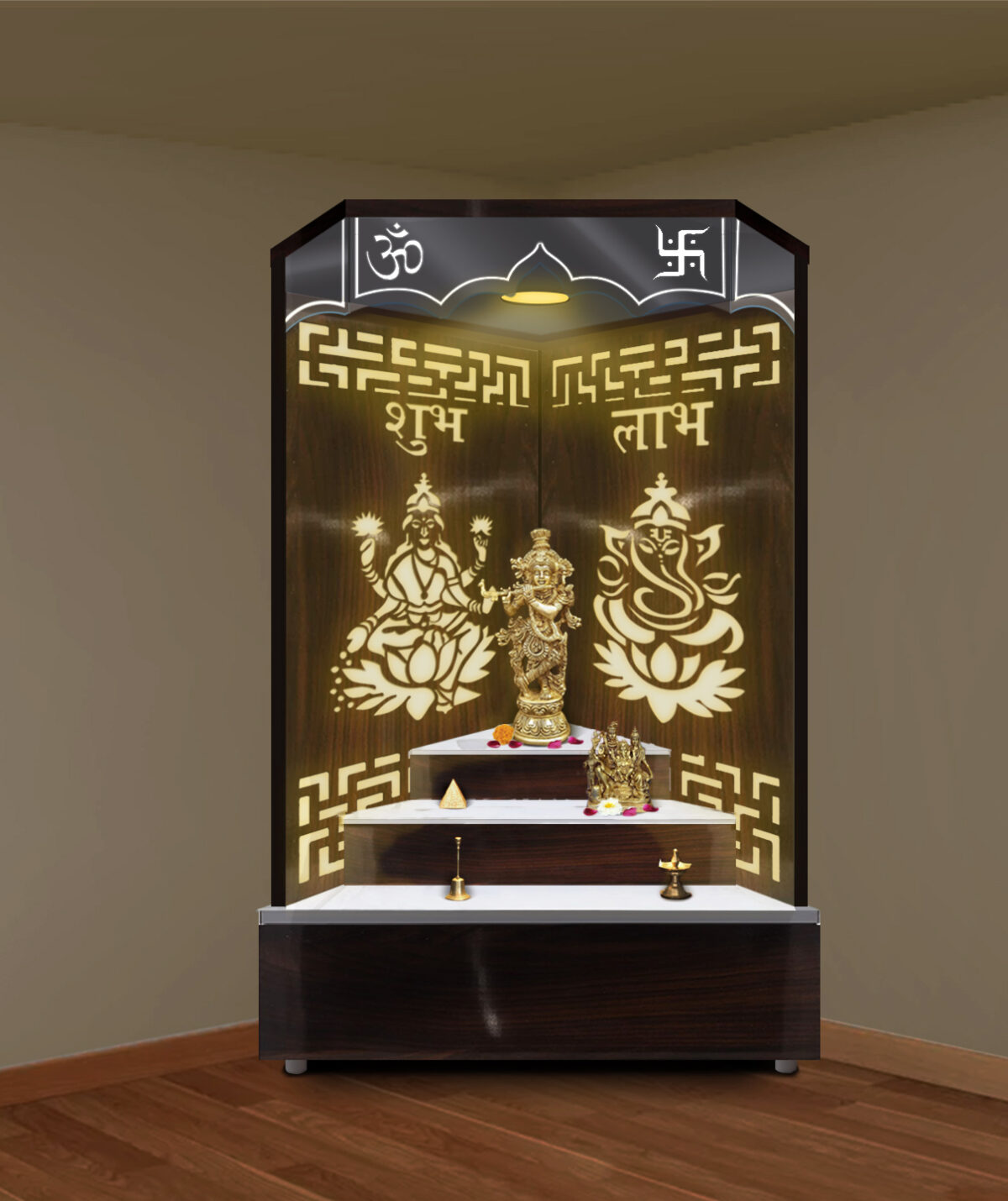 The Temple hub Wooden Temple | Brown Corner Mandir With LED Light Puja Mandir For Home & Office Decor - Image 2