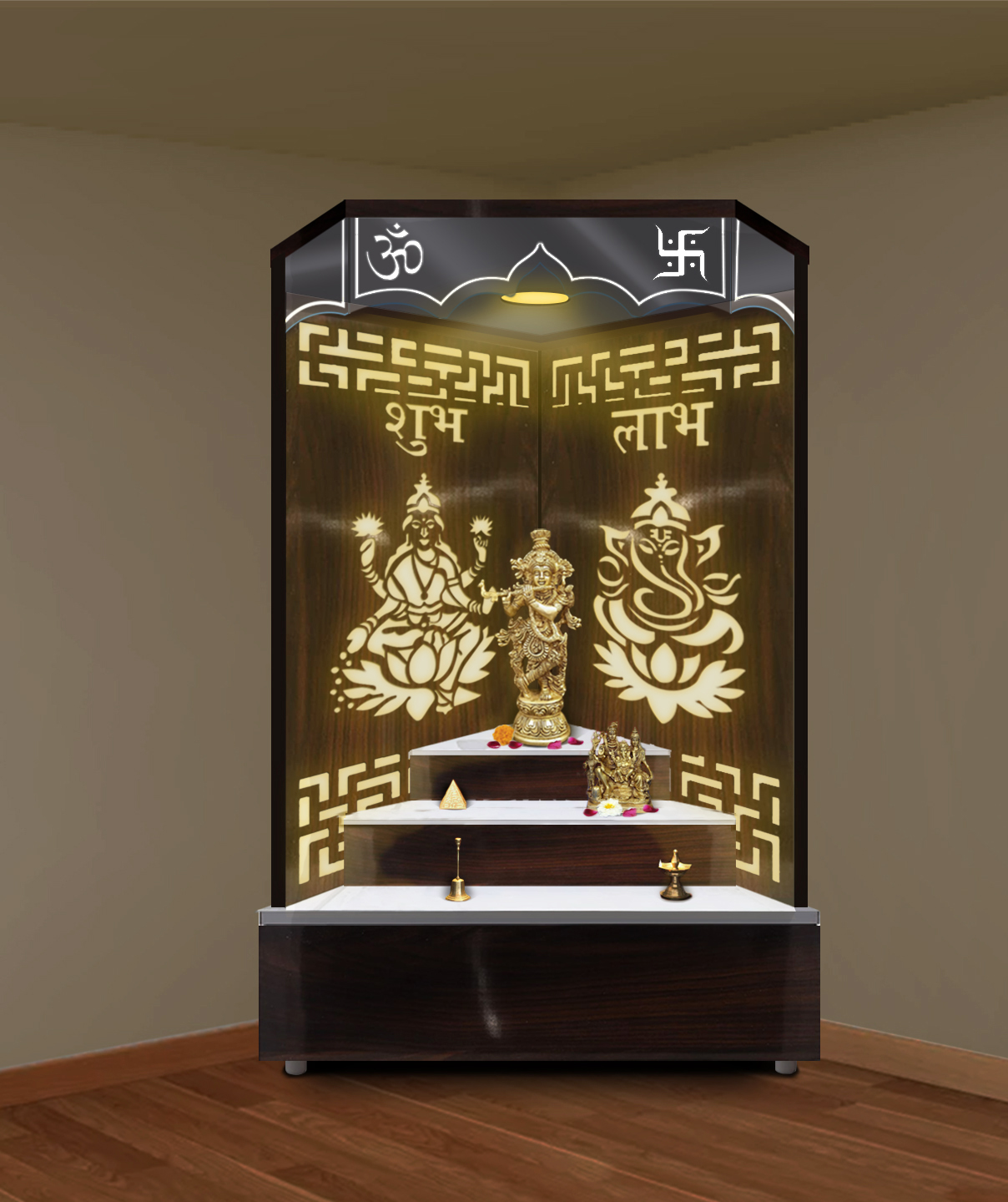 The Temple hub Wooden Temple | Brown Corner Mandir With LED Light Puja Mandir For Home & Office Decor - Image 2