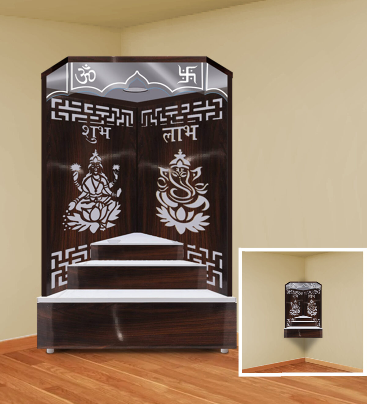 The Temple hub Wooden Temple | Brown Corner Mandir With LED Light Puja Mandir For Home & Office Decor