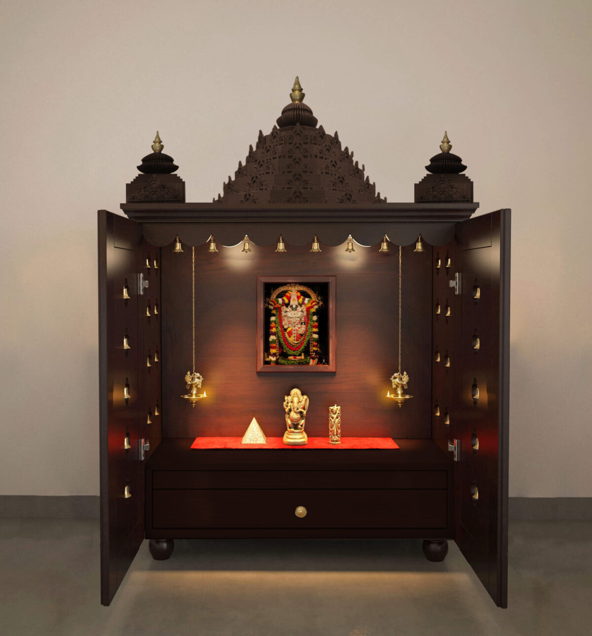 The Temple hub Wooden Temple | Brown Door Mandir With LED Light Puja Mandir For Home & Office Decor