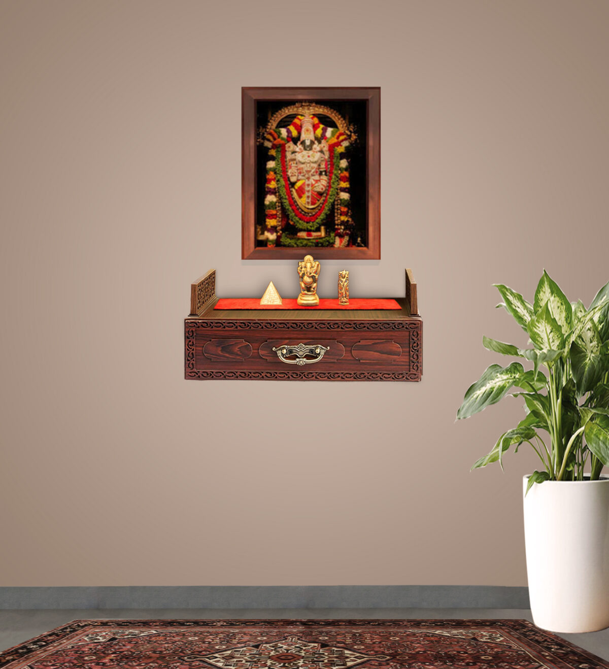 The Temple hub Wooden Temple | Brown Drawer Mandir With LED Light Puja Mandir For Home & Office Decor