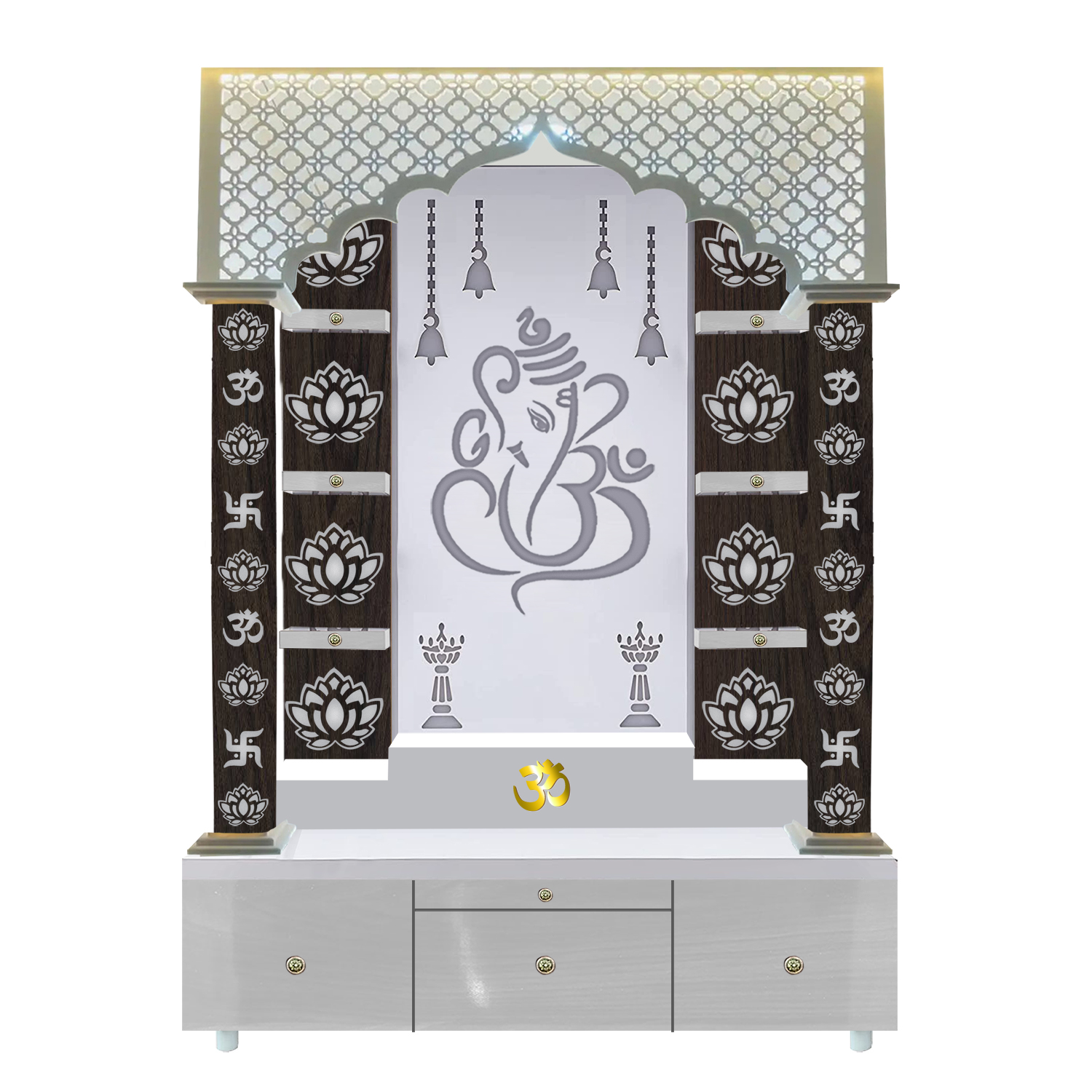 The Temple hub Wooden Temple | Brown Piller Mandir With LED Light Puja Mandir For Home & Office Decor