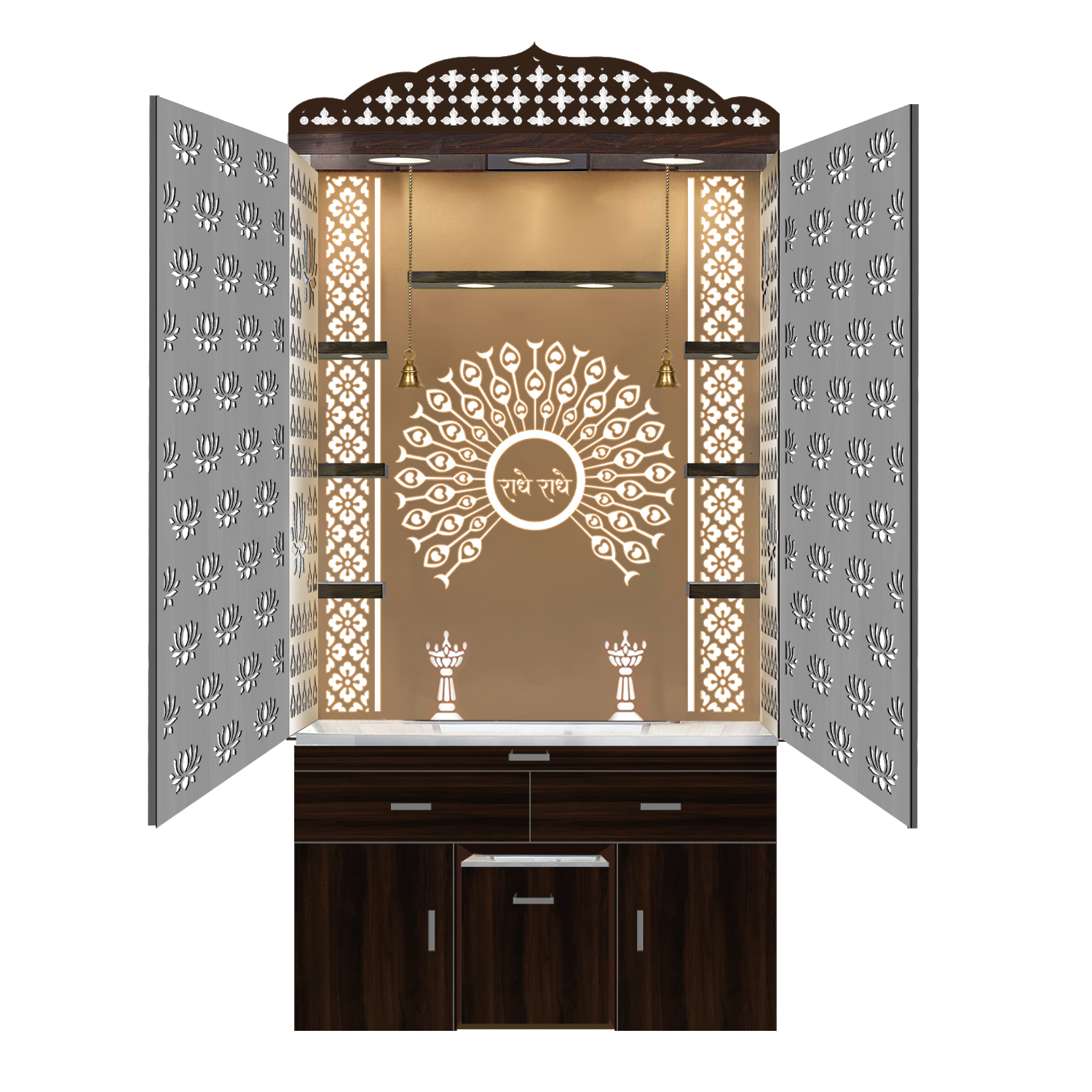 The Temple hub Wooden Temple | Brown Door Mandir With LED Light Puja Mandir For Home & Office Decor - Image 2