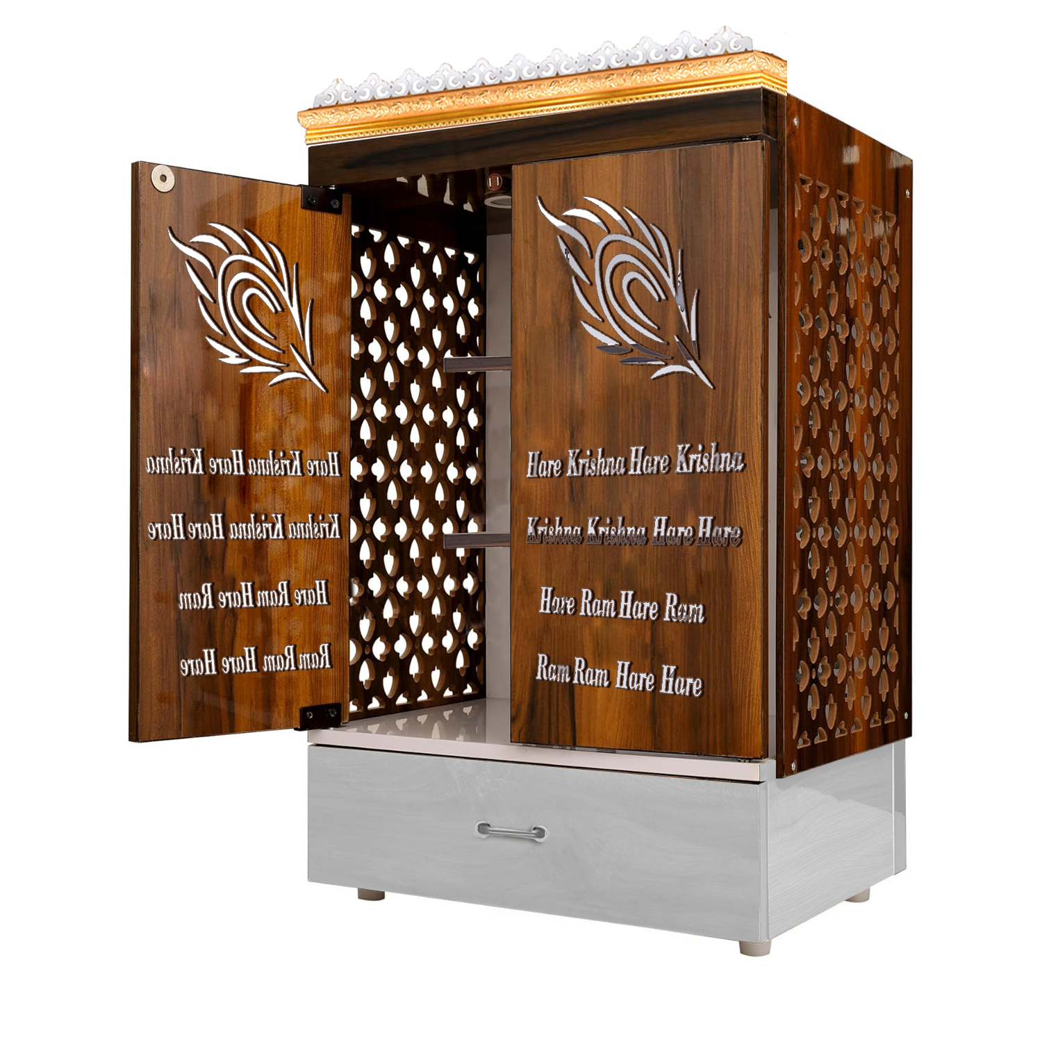 The Temple hub Wooden Temple | Brown Door Mandir With LED Light Puja Mandir For Home & Office Decor - Image 3