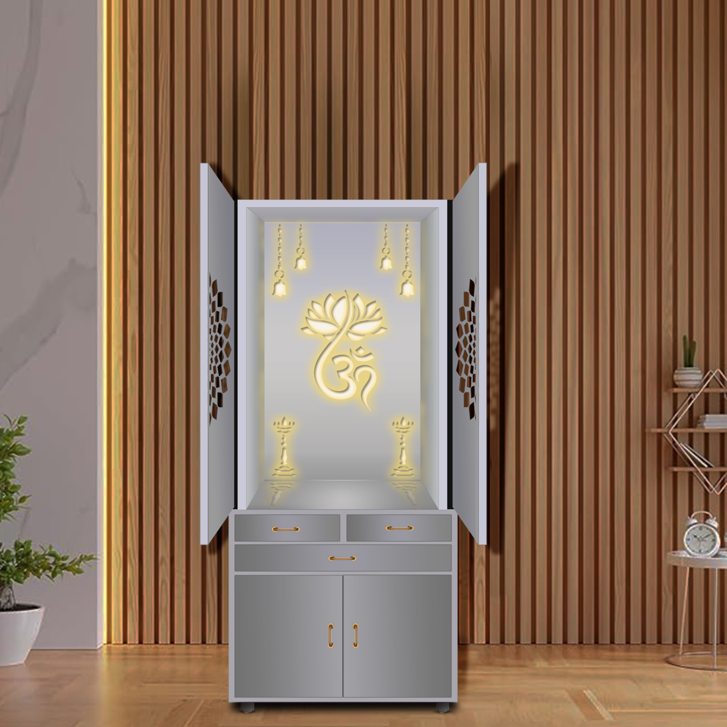 The Temple hub Wooden Temple | White Door Mandir With LED Light Puja Mandir For Home & Office Decor - Image 2