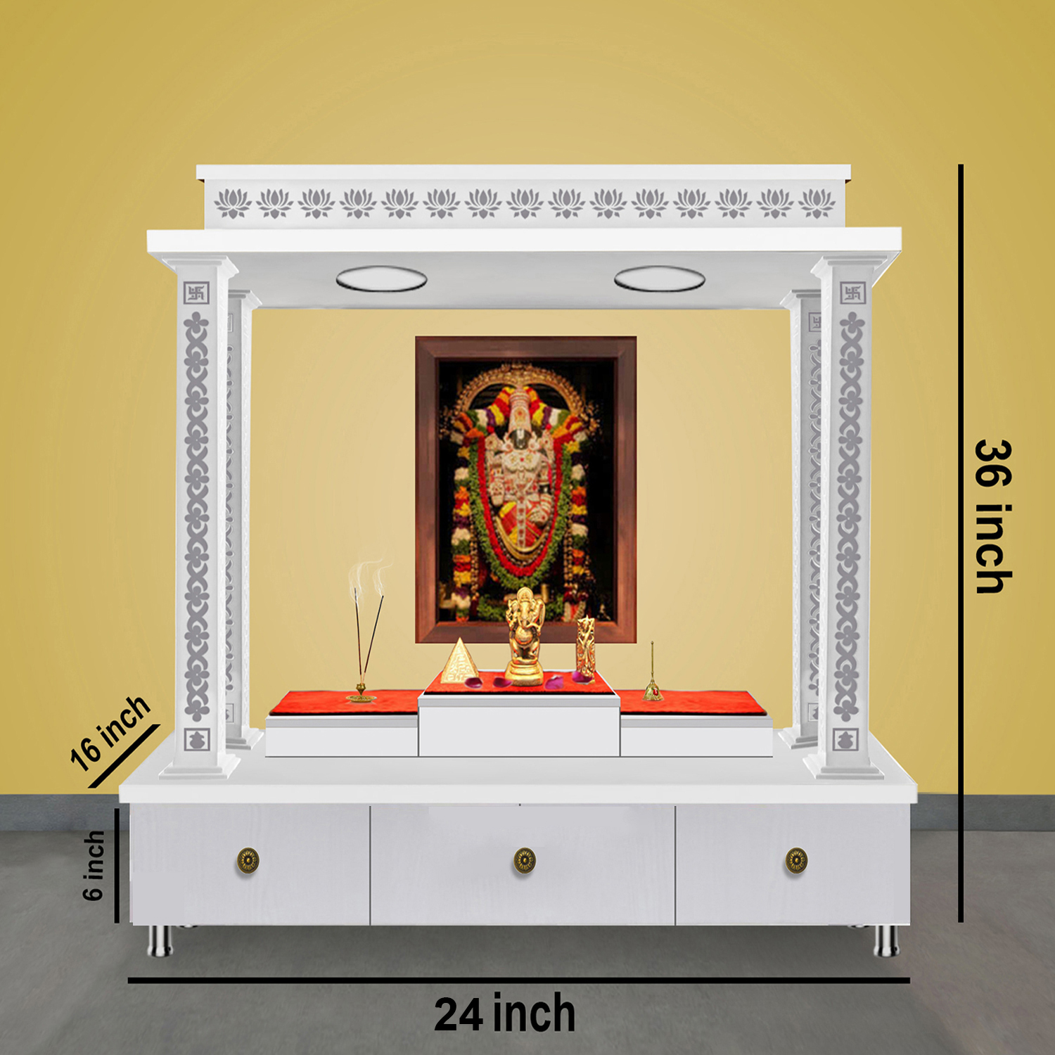 The Temple hub Wooden Temple | White Piller Mandir With LED Light Puja Mandir For Home & Office Decor 36 x 24 x 16 inch - Image 3